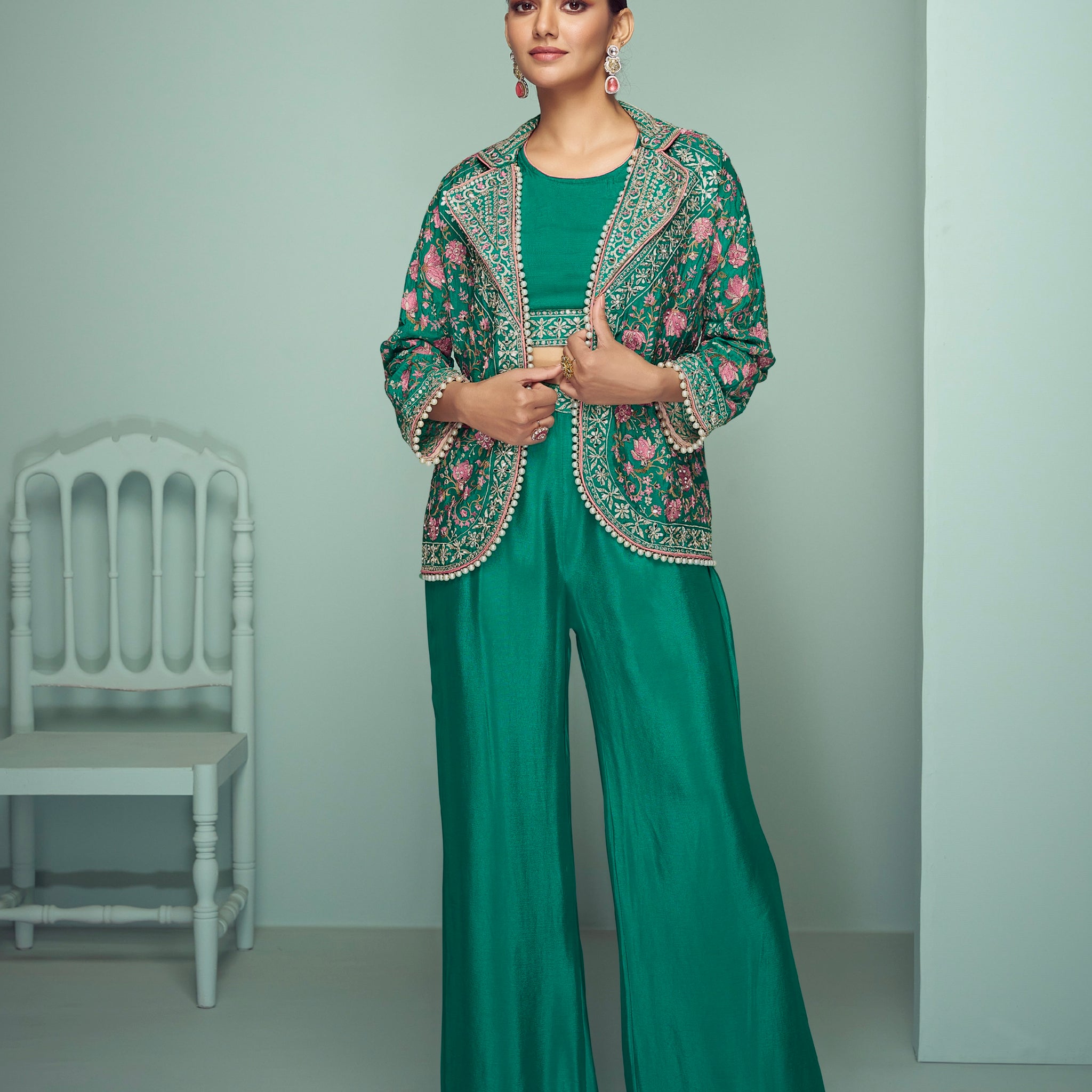 Emerald Green Palazzo Suit with Exquisite Floral Embroidery