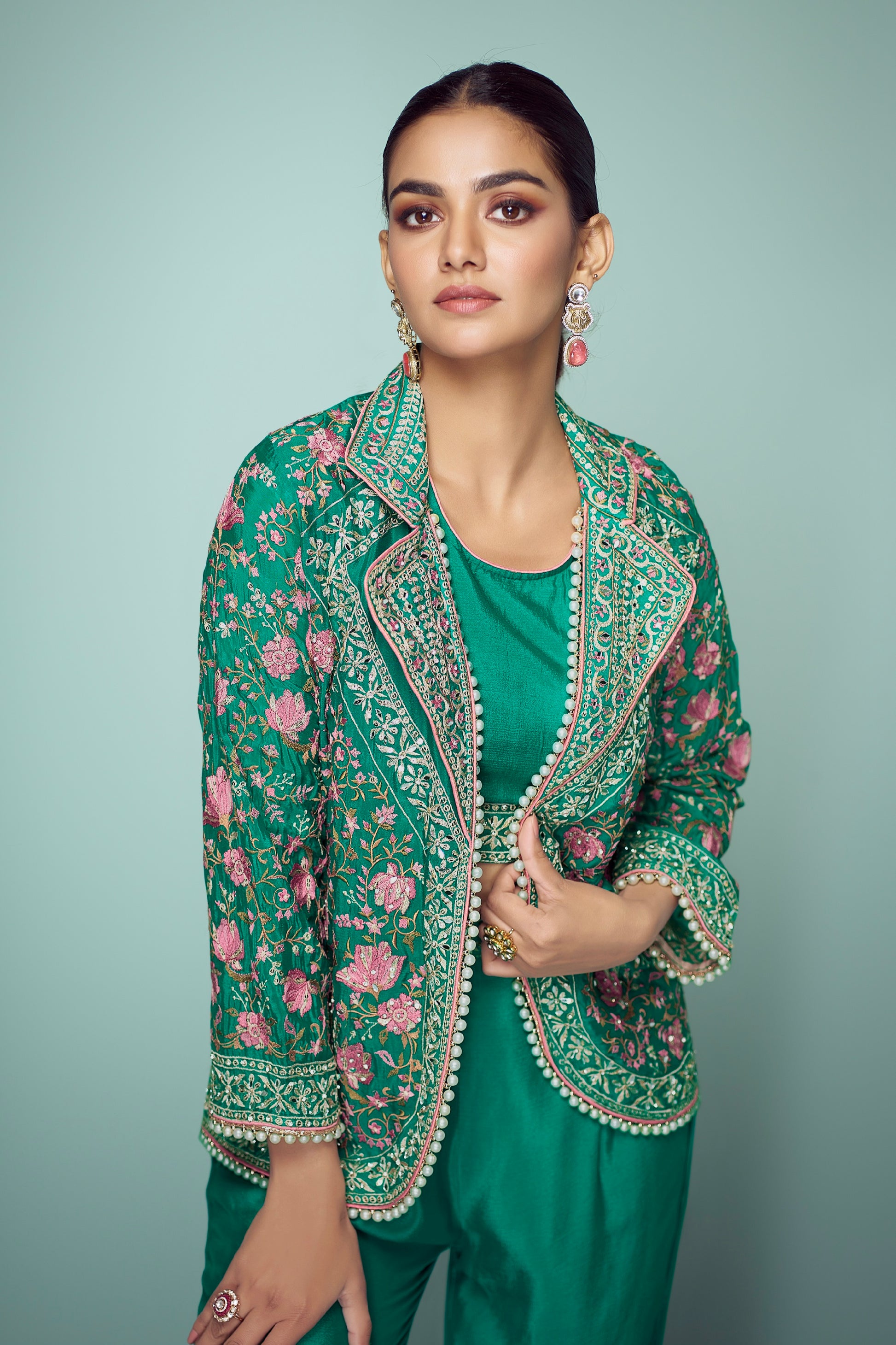 Emerald Green Palazzo Suit with Exquisite Floral Embroidery