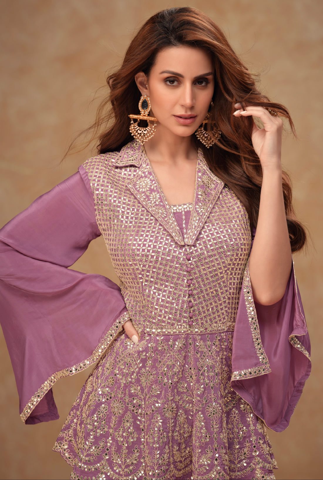 Lavender Embroidered Sharara Suit Set in Real Chinon