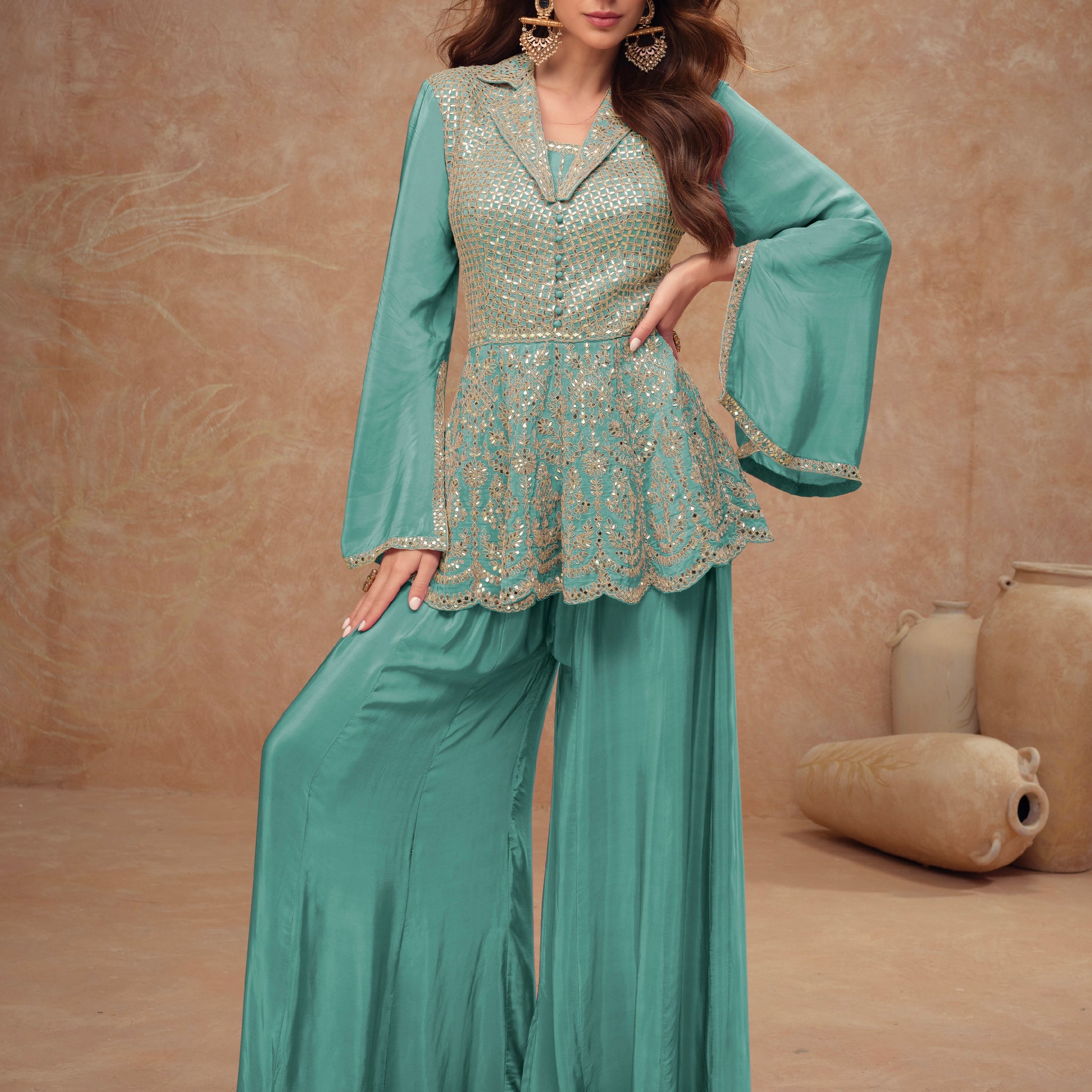 Mint Green Embroidered Sharara Suit Set in Real Chinon