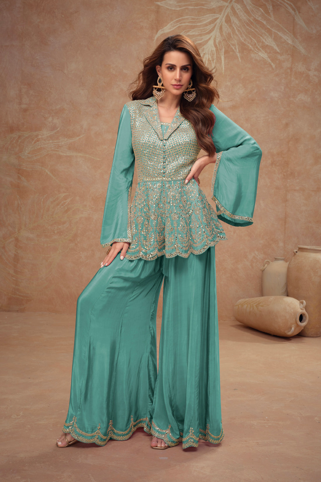 Mint Green Embroidered Sharara Suit Set in Real Chinon