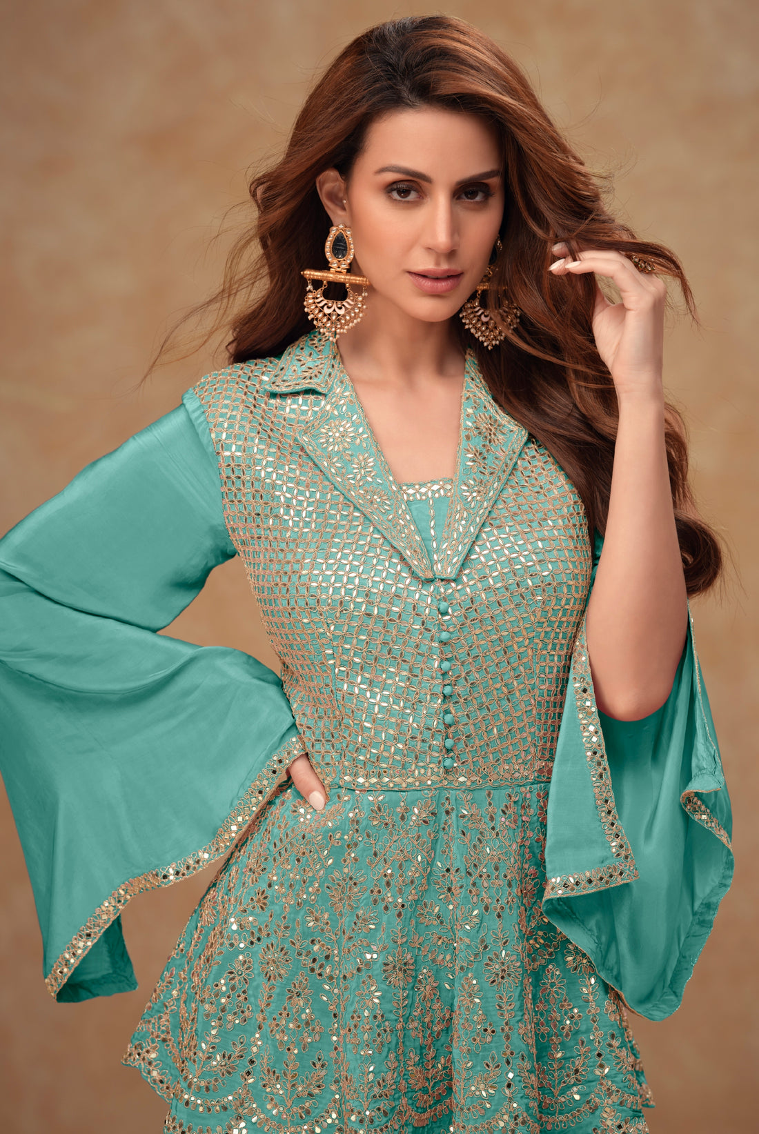 Mint Green Embroidered Sharara Suit Set in Real Chinon