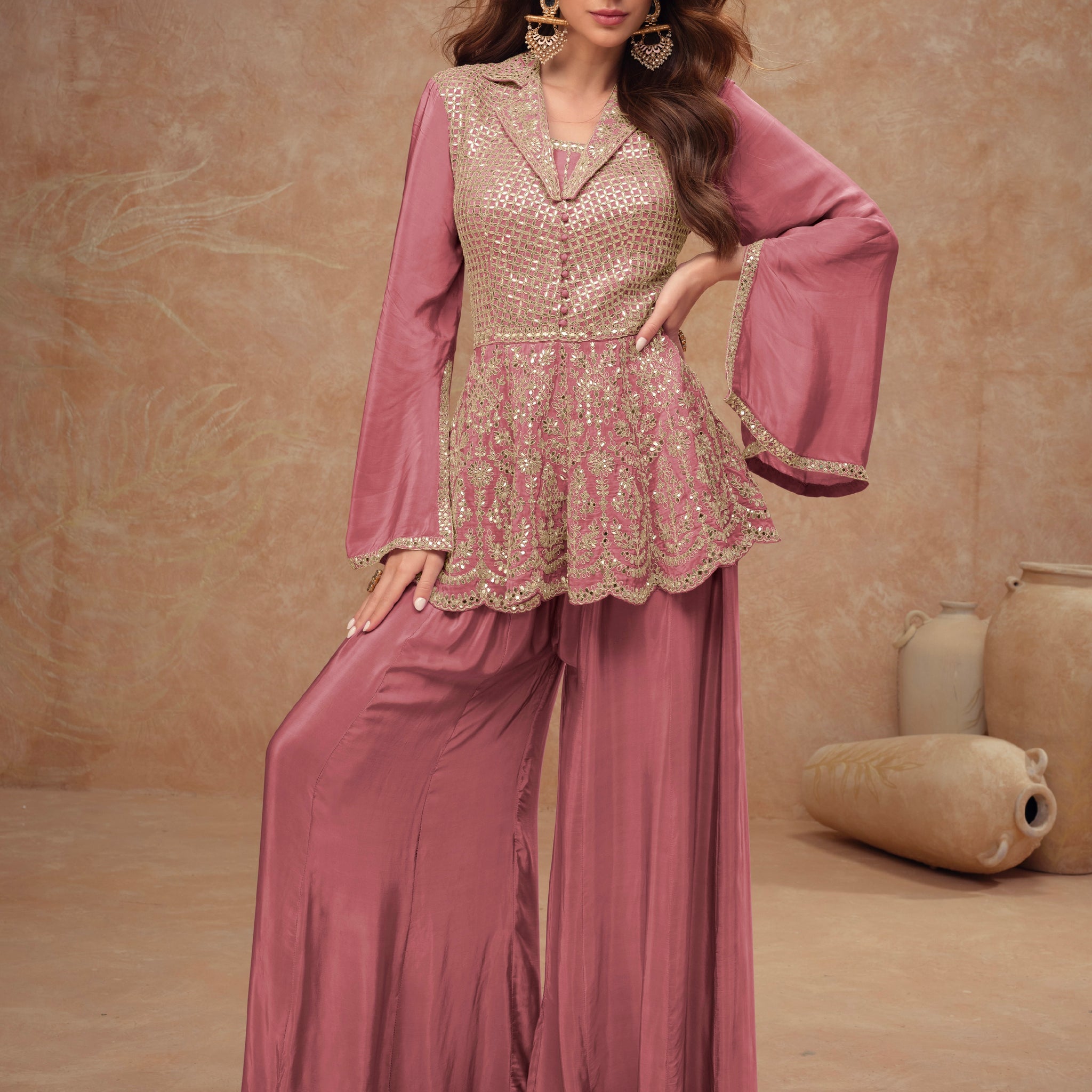 Dusty Pink Embroidered Sharara Suit Set in Real Chinon