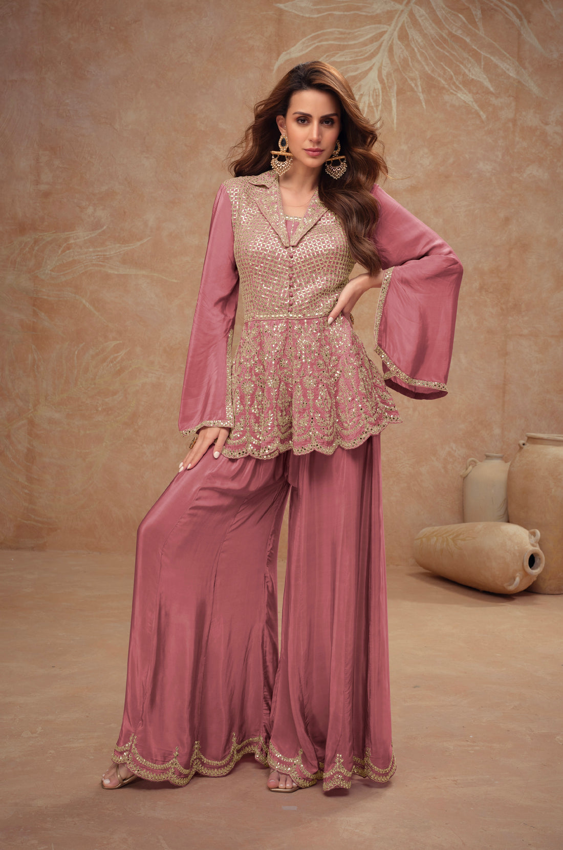 Dusty Pink Embroidered Sharara Suit Set in Real Chinon