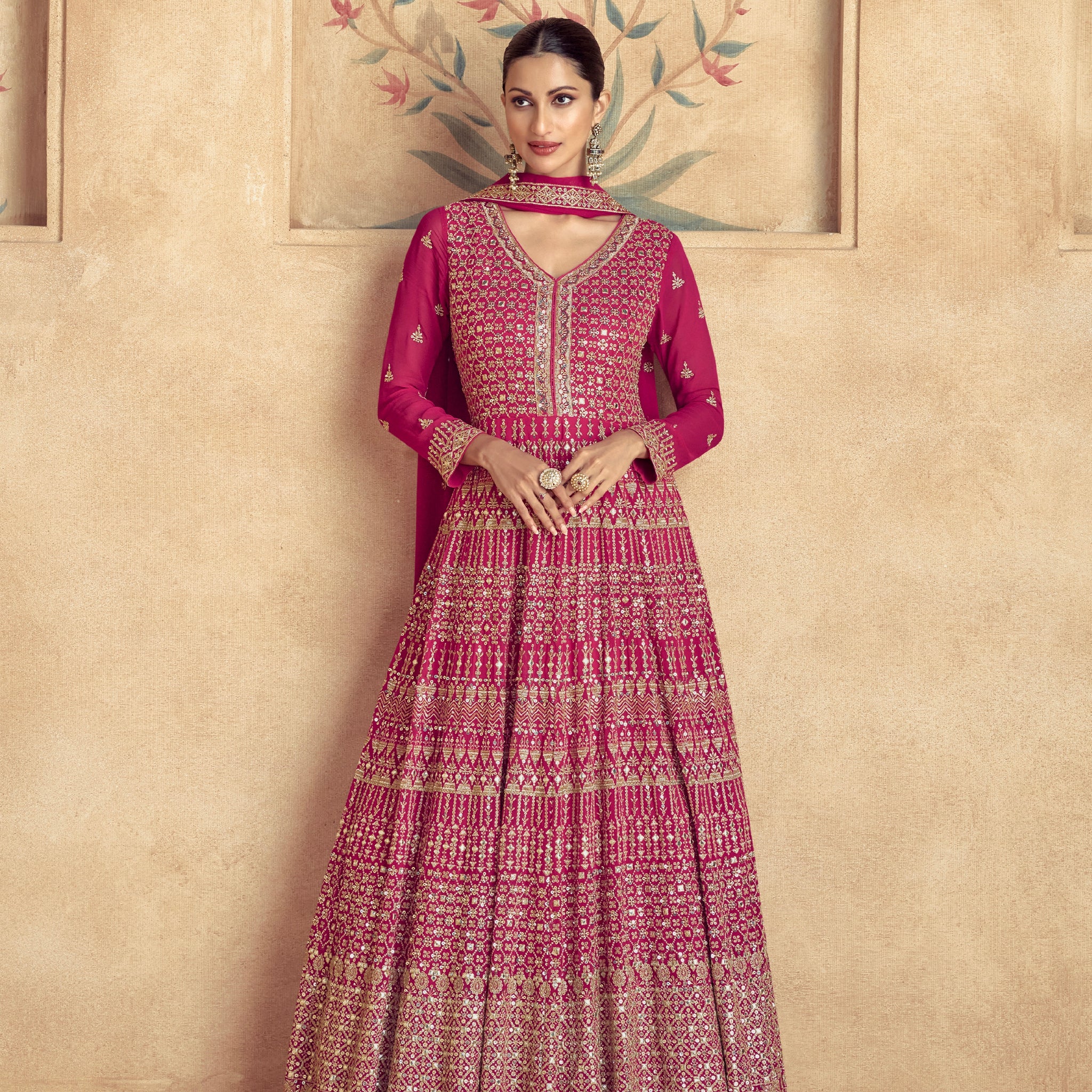 Majestic Pink Embroidered Georgette Anarkali Suit with Dupatta