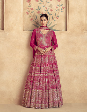 Majestic Pink Embroidered Georgette Anarkali Suit with Dupatta