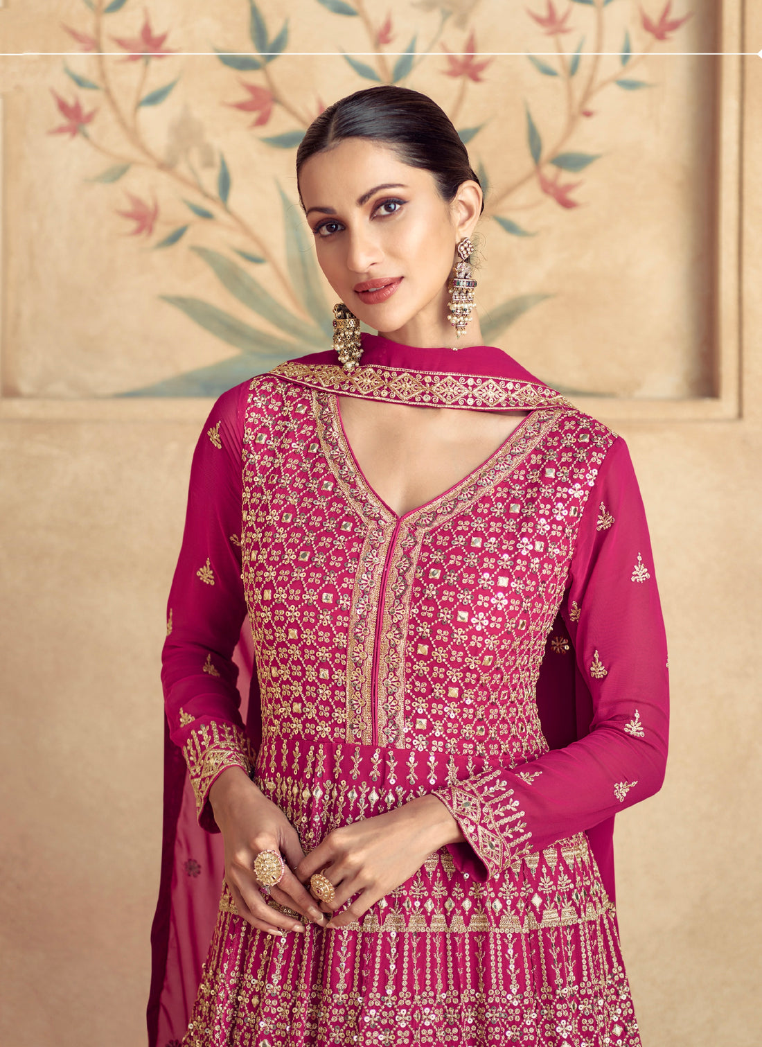 Majestic Pink Embroidered Georgette Anarkali Suit with Dupatta