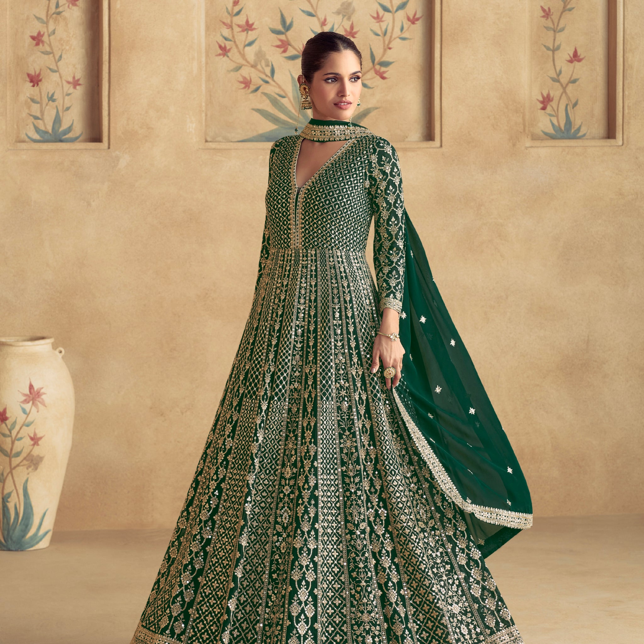 Regal Green Embroidered Georgette Anarkali Suit with Dupatta