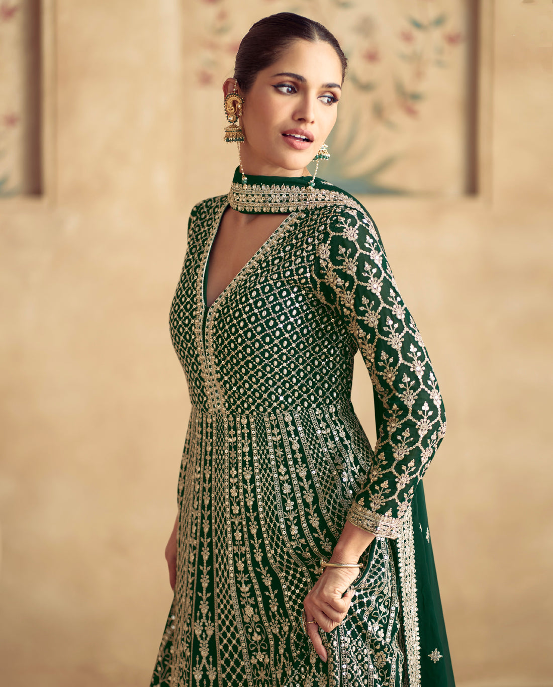 Regal Green Embroidered Georgette Anarkali Suit with Dupatta