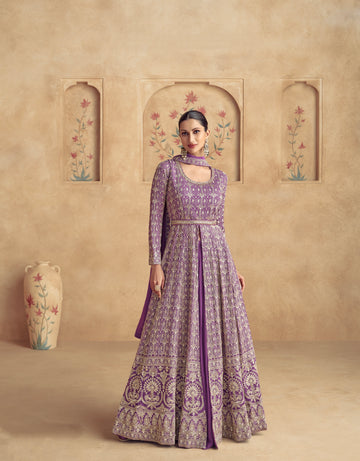 Purple Embroidered Georgette Anarkali Suit with Dupatta