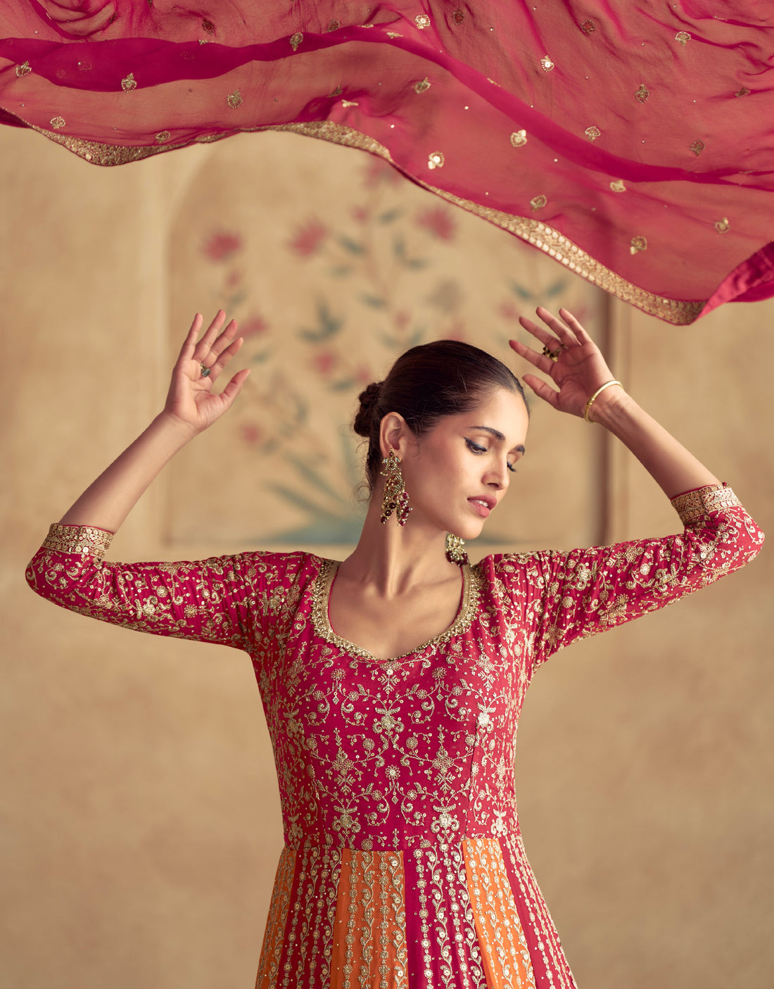 Red & Orange Embroidered Georgette Anarkali Suit with Dupatta