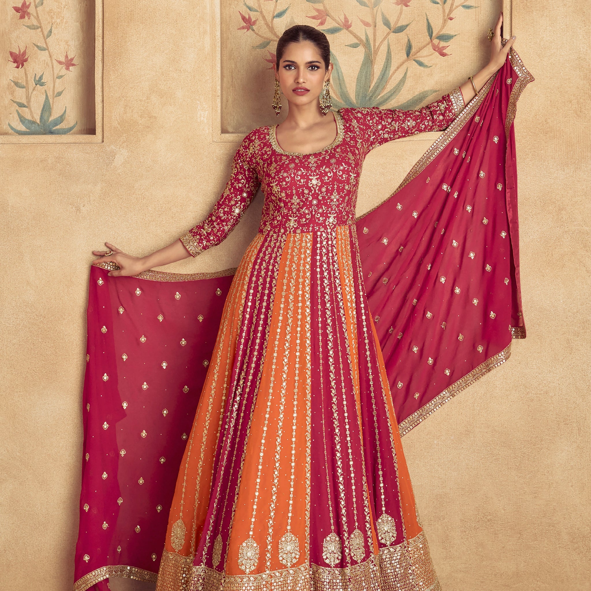 Red & Orange Embroidered Georgette Anarkali Suit with Dupatta