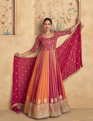 Red & Orange Embroidered Georgette Anarkali Suit with Dupatta