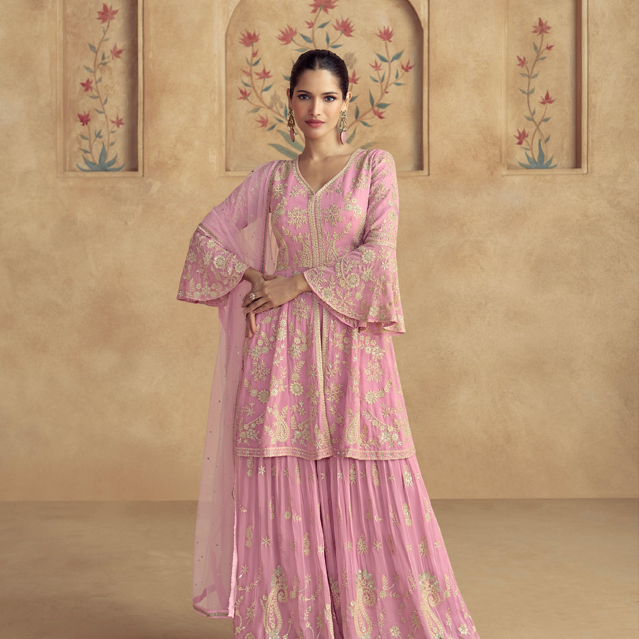 Soft Pink Embroidered Georgette Palazzo Suit with Net Dupatta