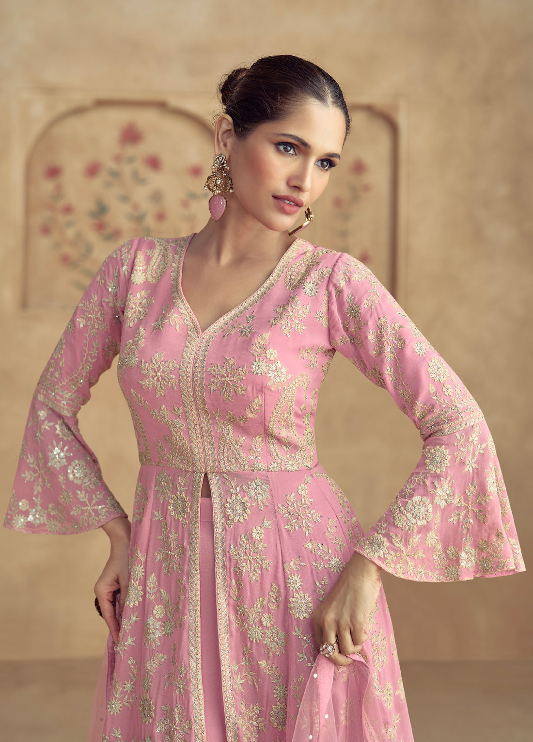 Soft Pink Embroidered Georgette Palazzo Suit with Net Dupatta