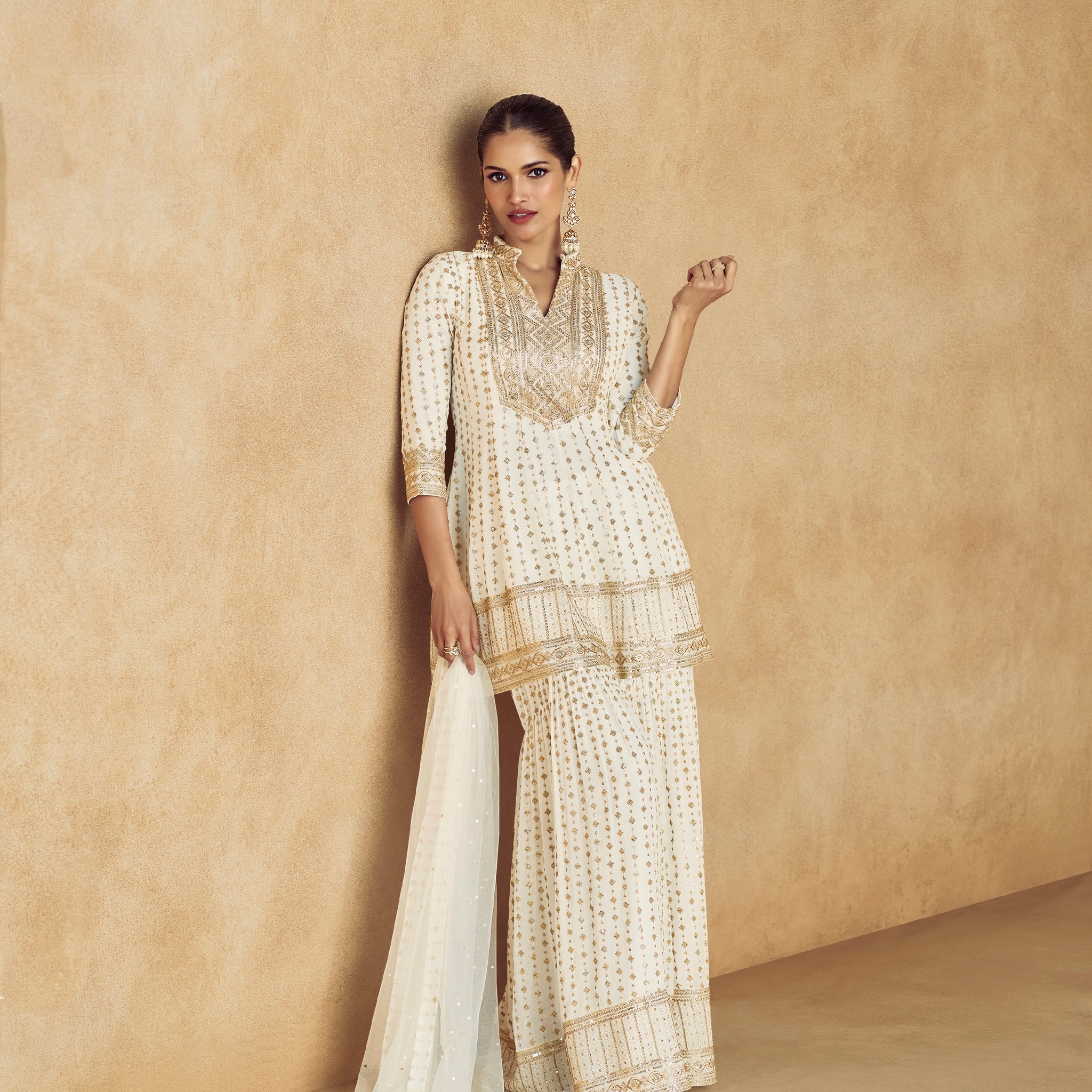 Ivory Georgette Palazzo Suit with Gold Embroidery and Dupatta