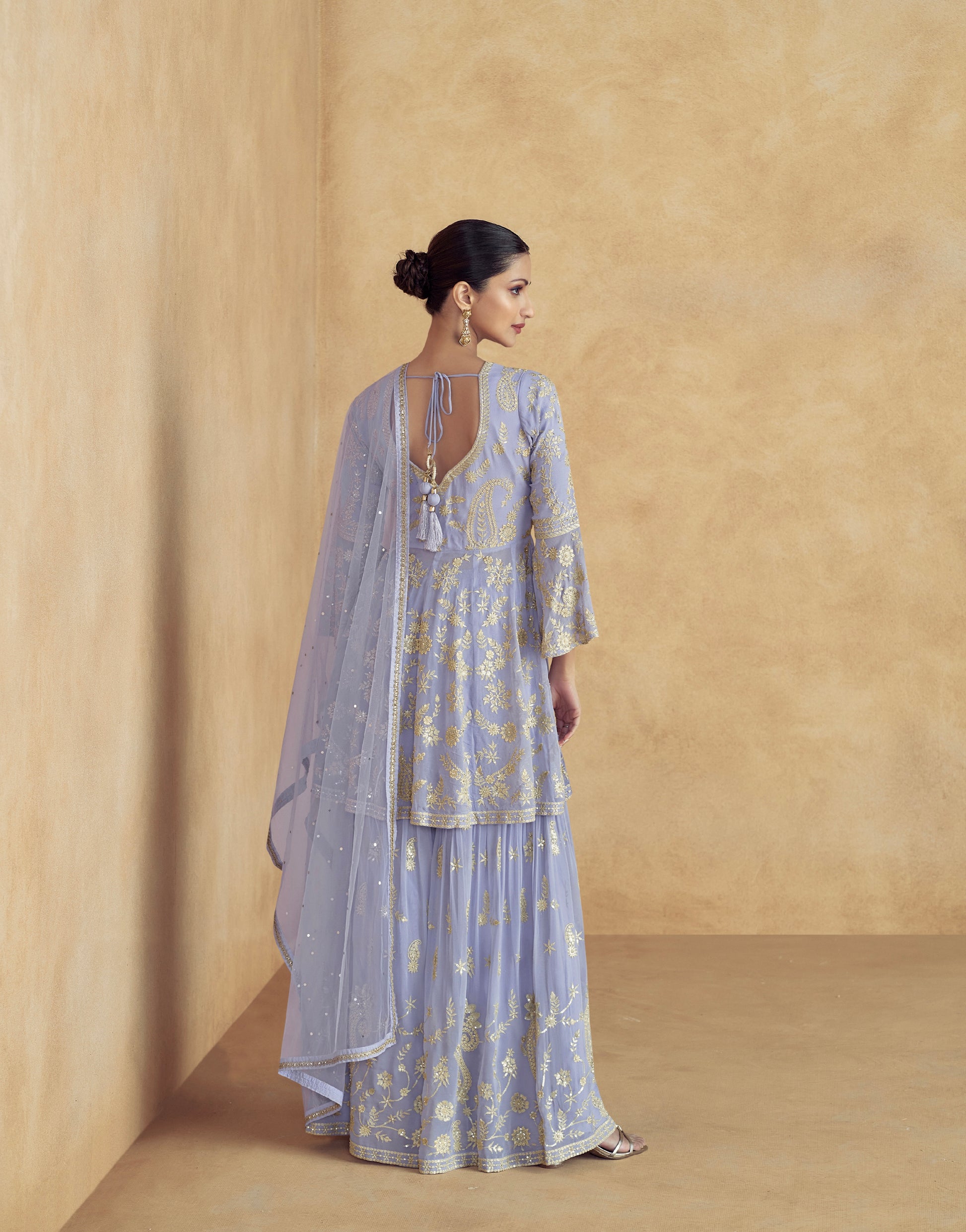 Soft Blue Georgette Palazzo Suit with Gold Embroidery and Dupatta