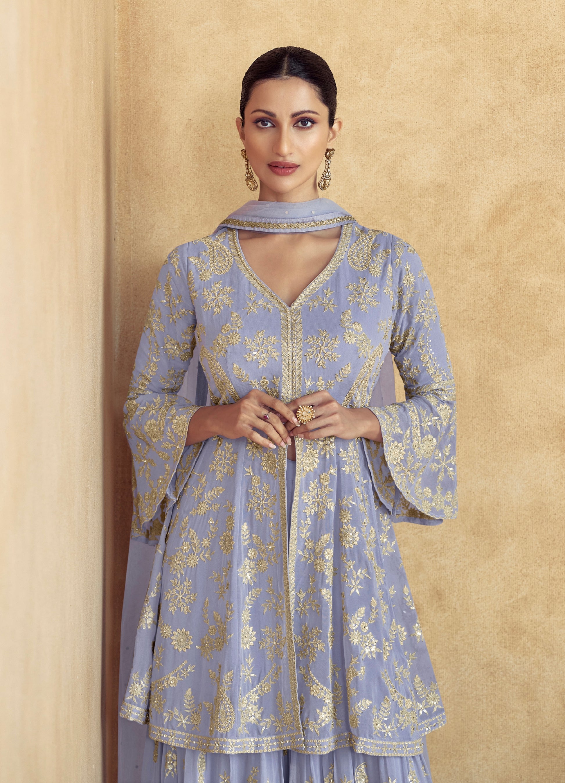 Soft Blue Georgette Palazzo Suit with Gold Embroidery and Dupatta