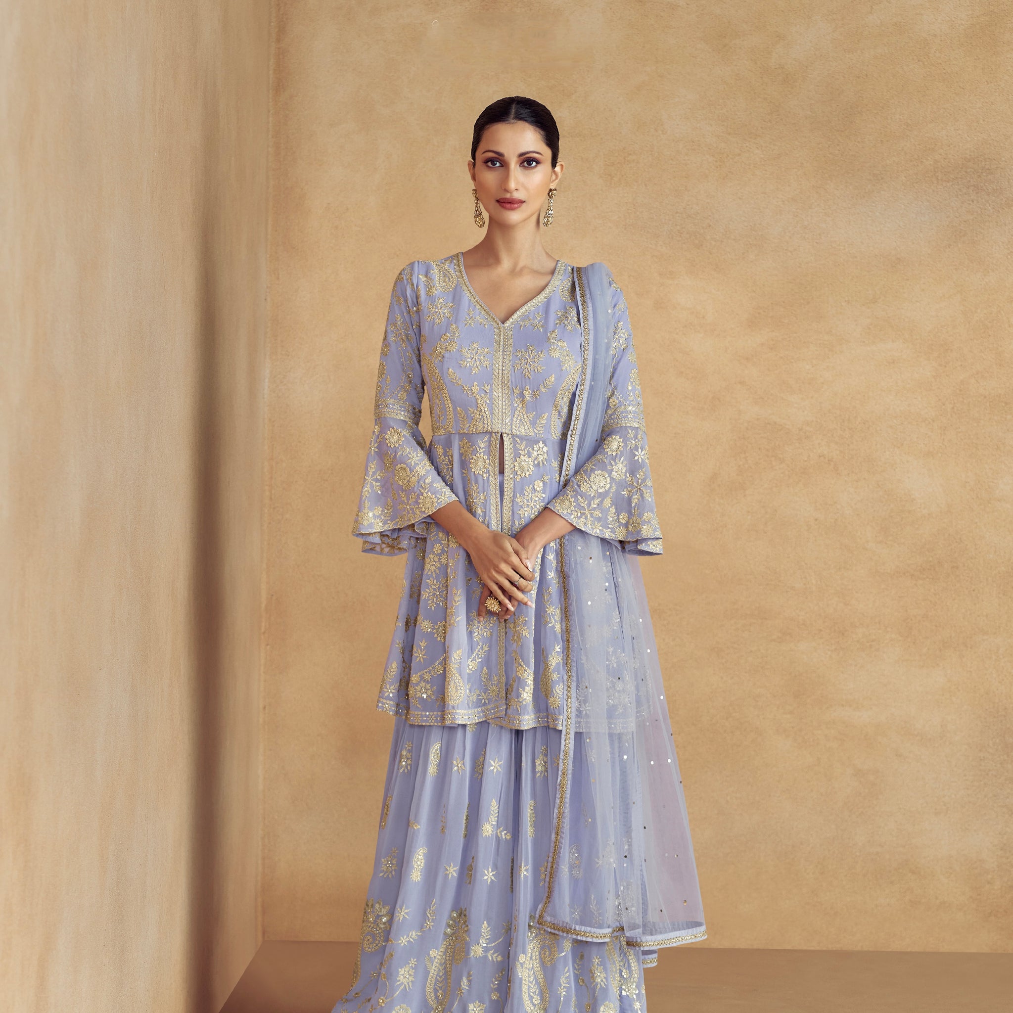 Soft Blue Georgette Palazzo Suit with Gold Embroidery and Dupatta