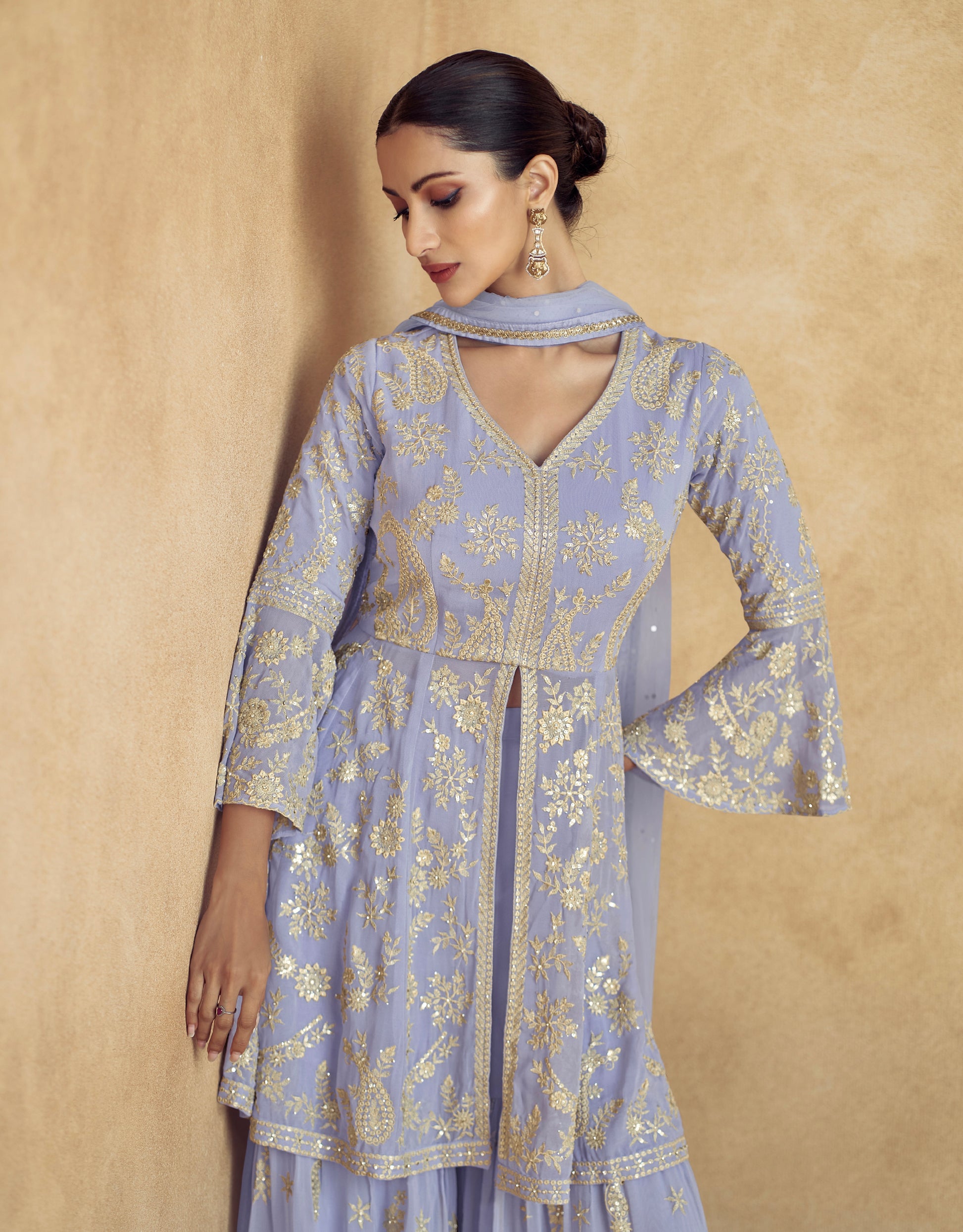 Soft Blue Georgette Palazzo Suit with Gold Embroidery and Dupatta