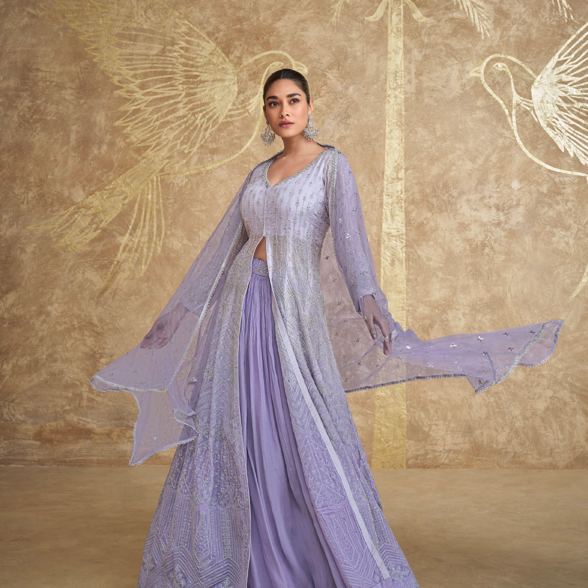 Lavender Embroidered Indo Western Georgette Anarkali with Dupatta