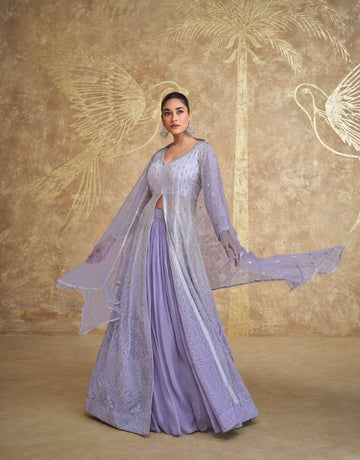 Lavender Embroidered Indo Western Georgette Anarkali with Dupatta