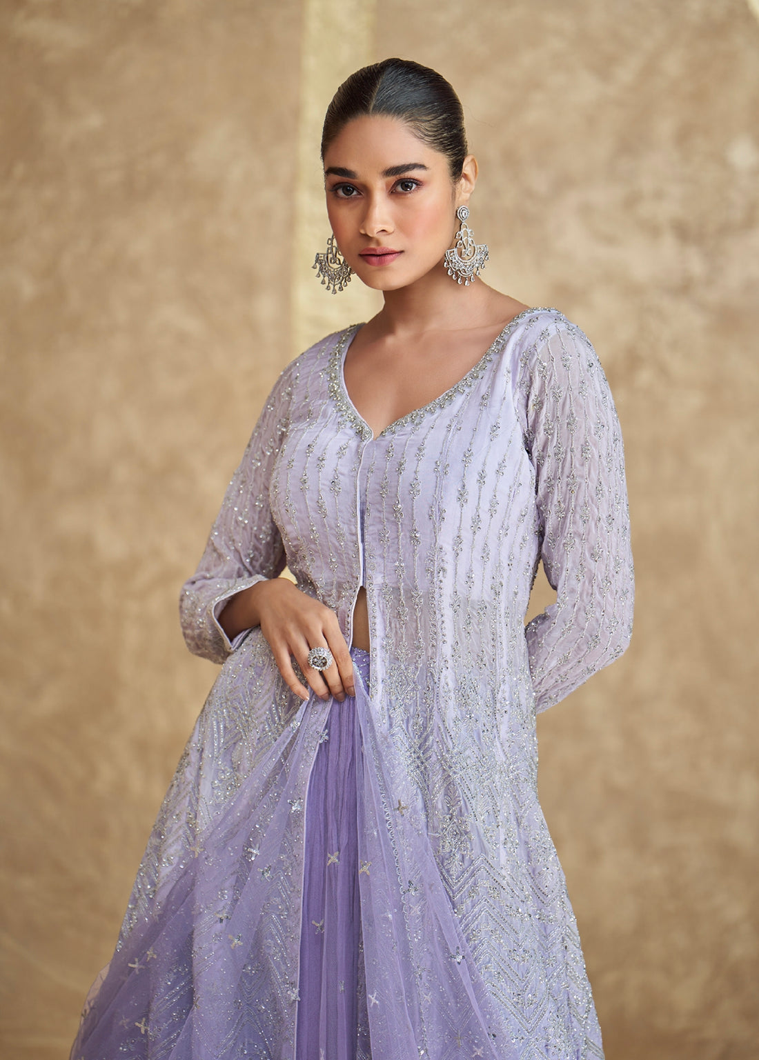 Lavender Embroidered Indo Western Georgette Anarkali with Dupatta