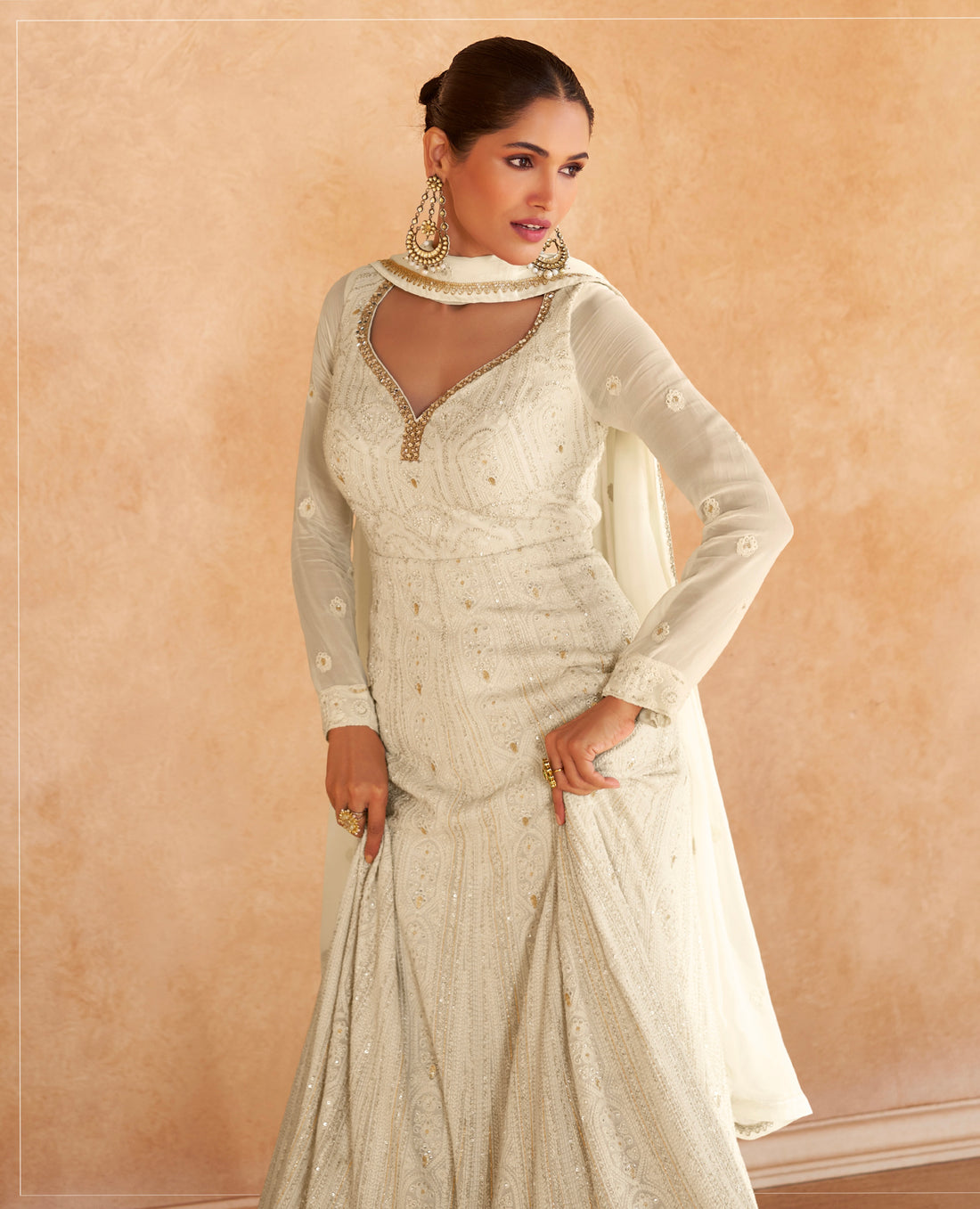 Ivory Georgette Chikankari Anarkali Suit With Embroidered Dupatta