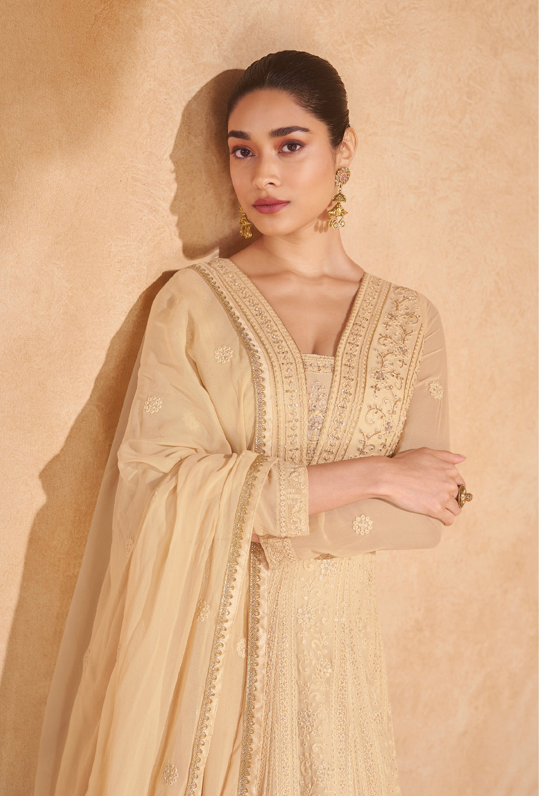 Beige Georgette Chikankari Anarkali Suit with Embroidered Dupatta