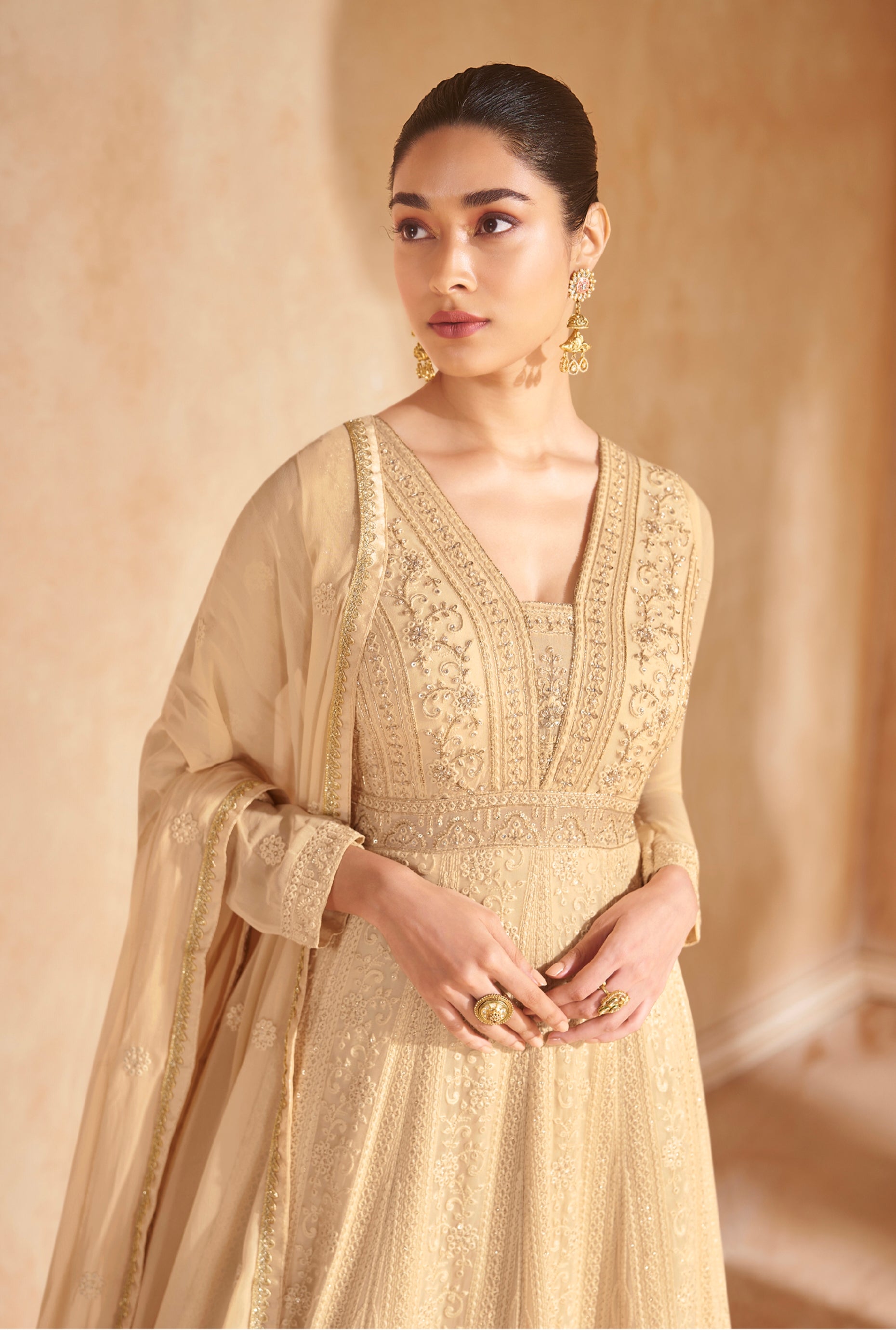 Beige Georgette Chikankari Anarkali Suit with Embroidered Dupatta