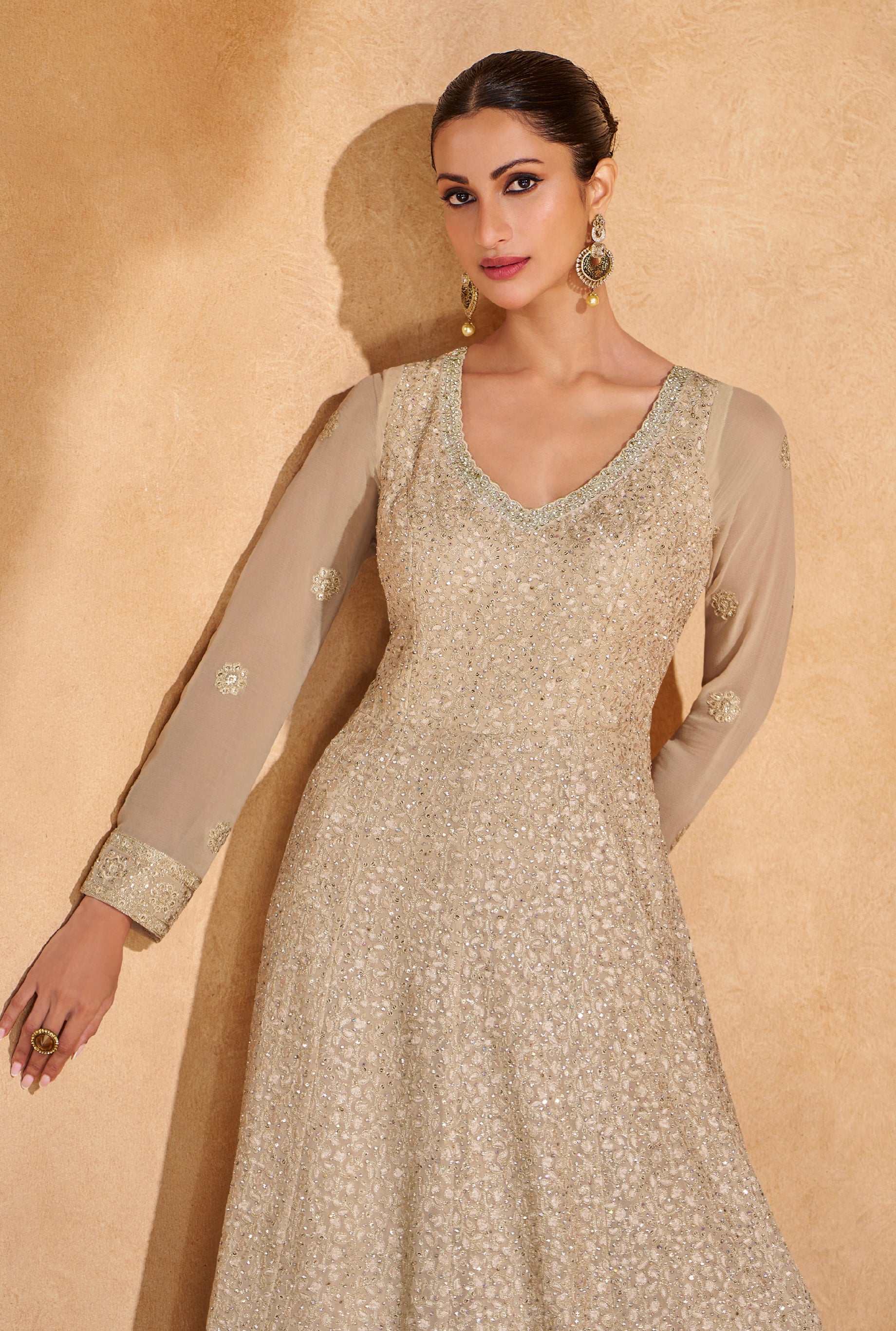 Champagne Gold Georgette Anarkali With Chikankari Embroidery & Dupatta