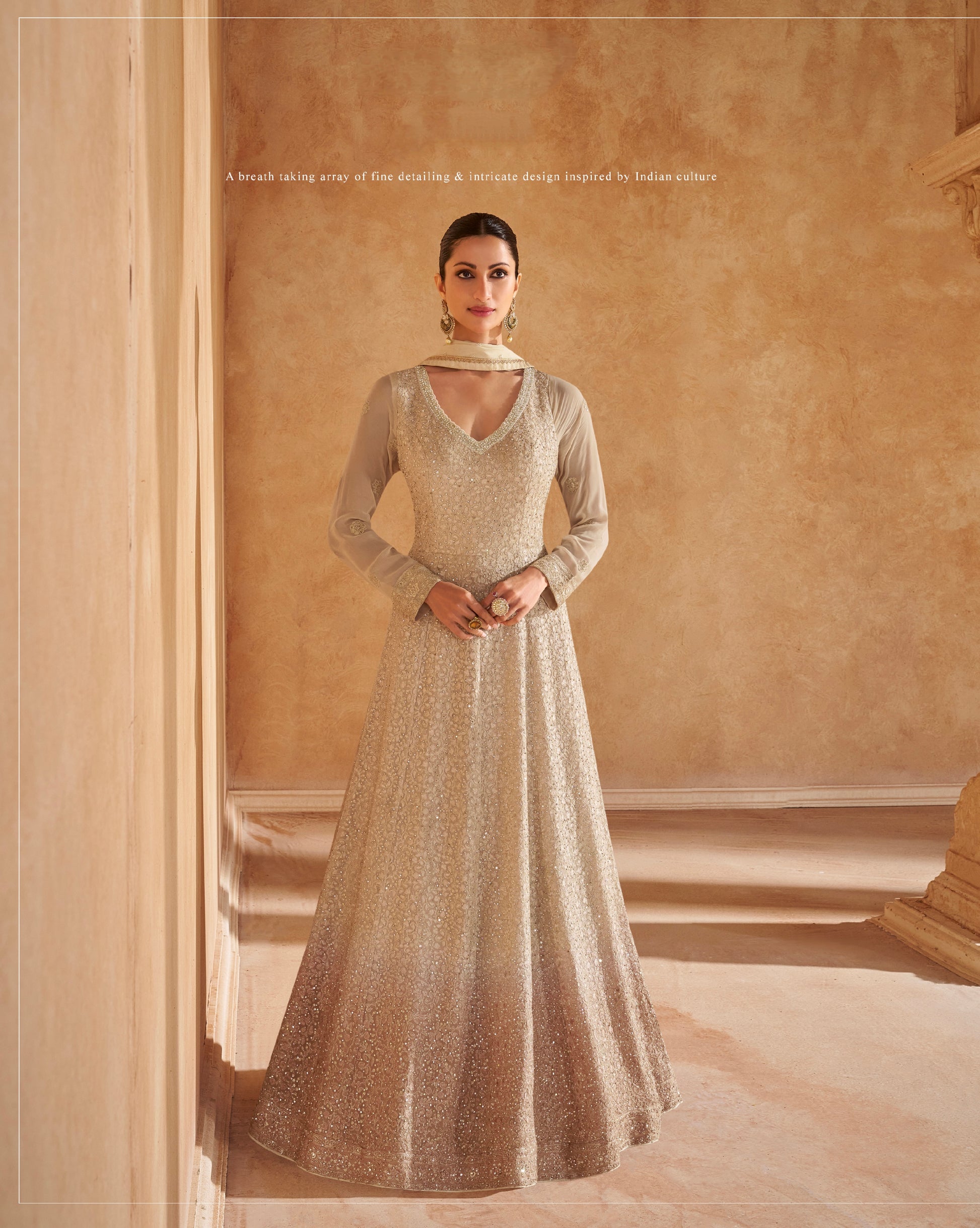 Champagne Gold Georgette Anarkali With Chikankari Embroidery & Dupatta