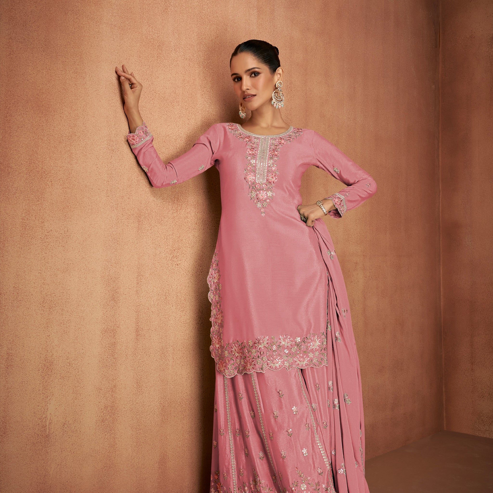 Blush Pink Chinon Palazzo Suit with Embroidery Dupatta