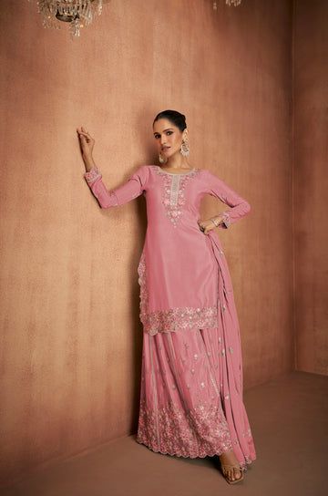 Blush Pink Chinon Palazzo Suit with Embroidery Dupatta