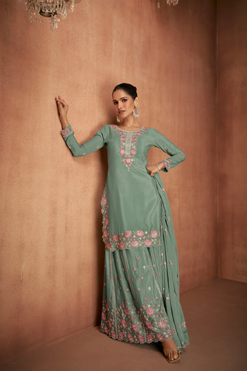 Sage Green Chinon Palazzo Suit with Floral Accents