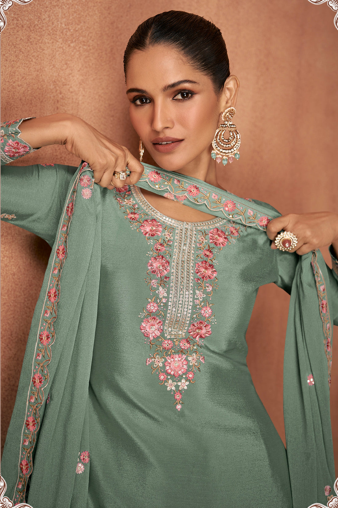 Sage Green Chinon Palazzo Suit with Floral Accents