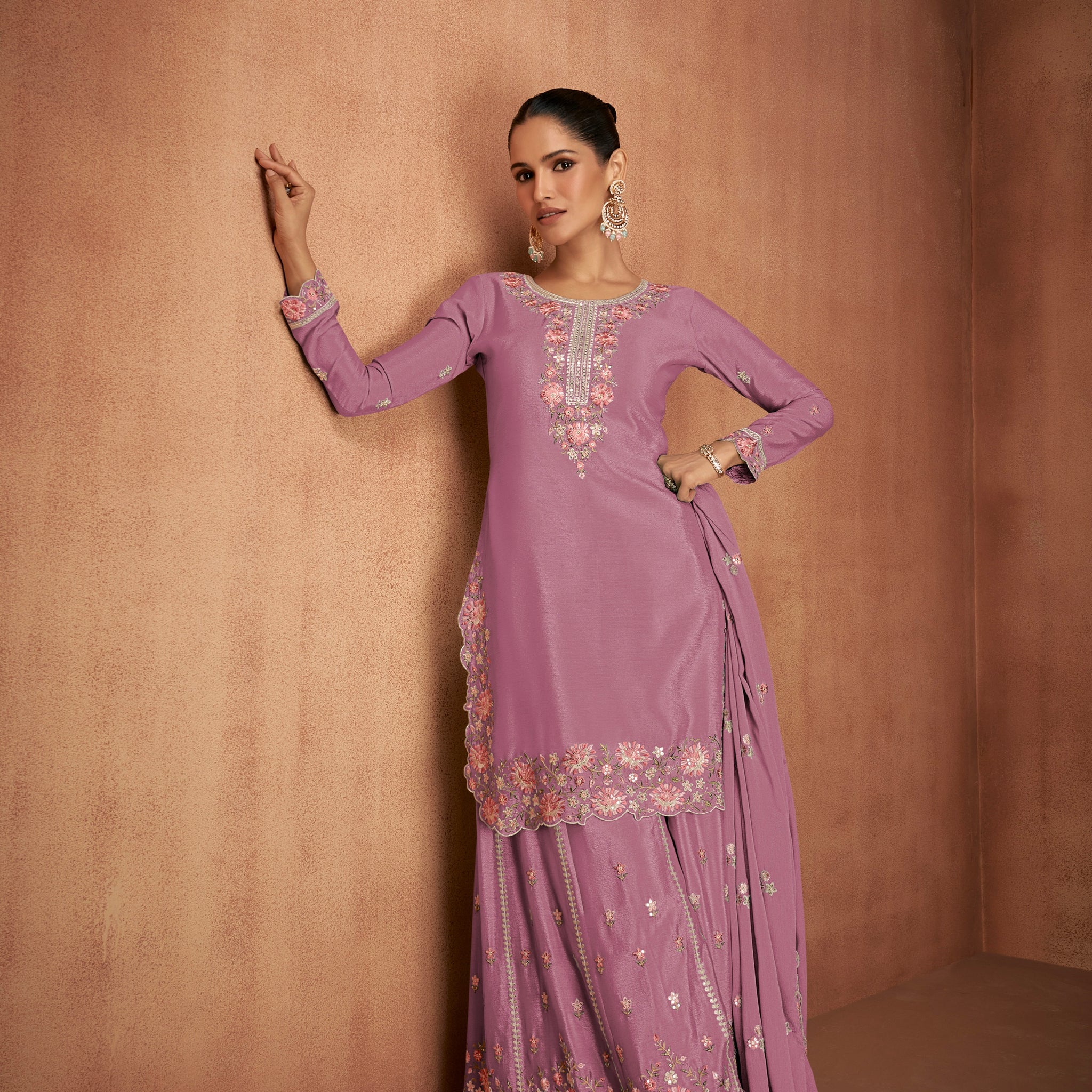 Lavender Chinon Palazzo Suit with Floral Embroidery & Dupatta