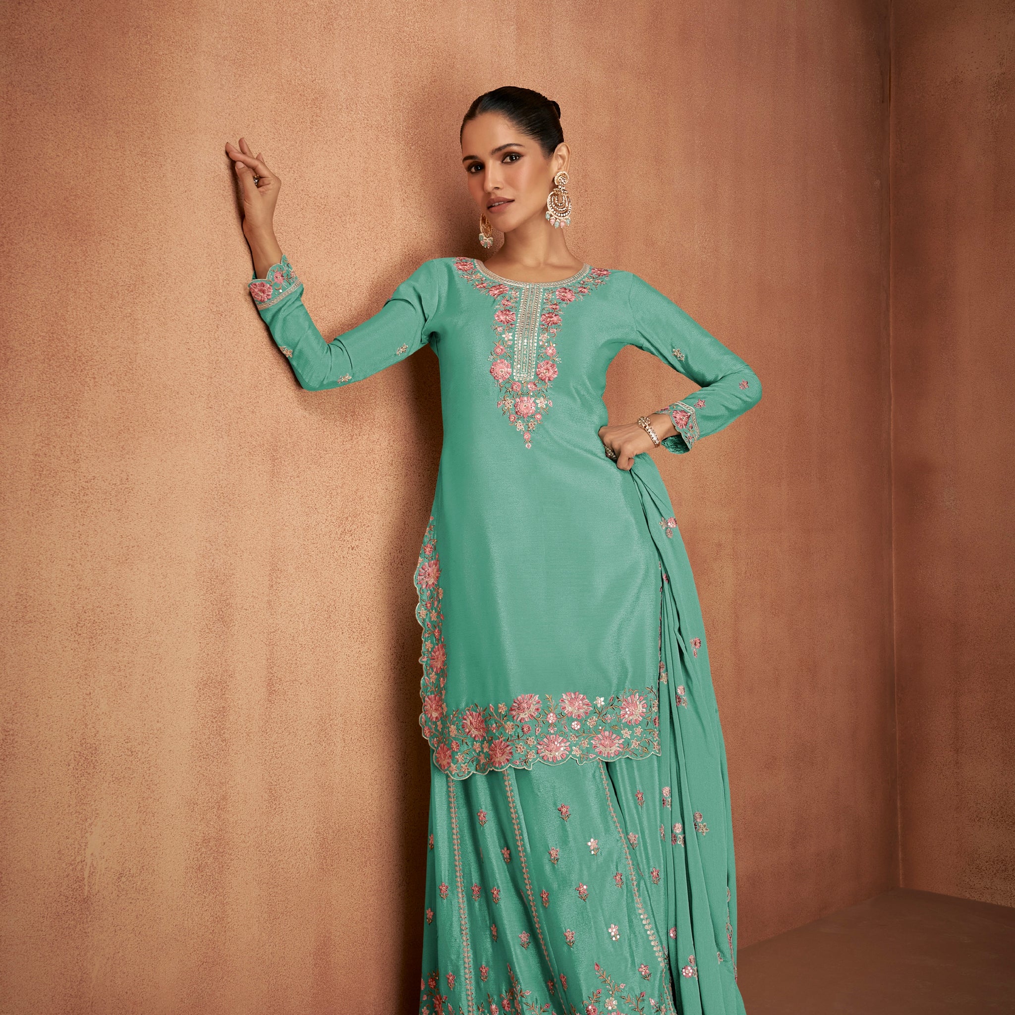 Sea Green Chinon Palazzo Suit with Floral Embroidery