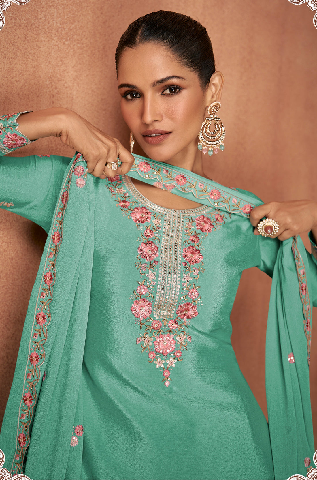 Sea Green Chinon Palazzo Suit with Floral Embroidery