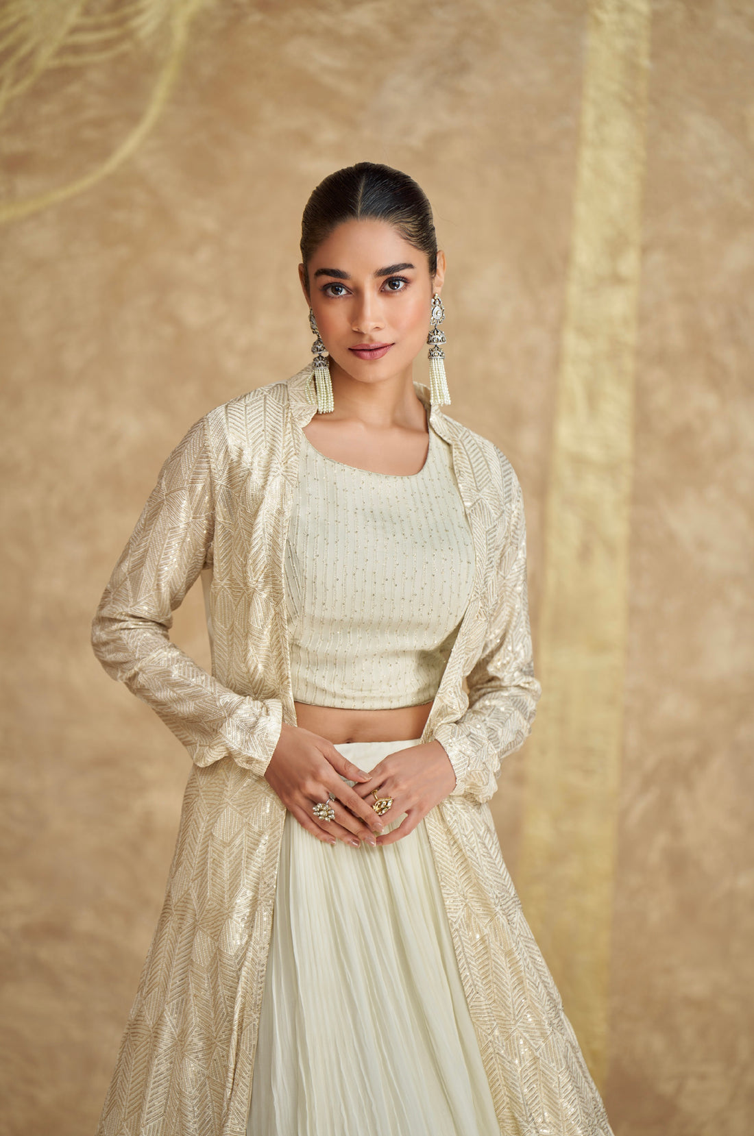 Ivory White Georgette Anarkali with Golden Embroidered Jacket