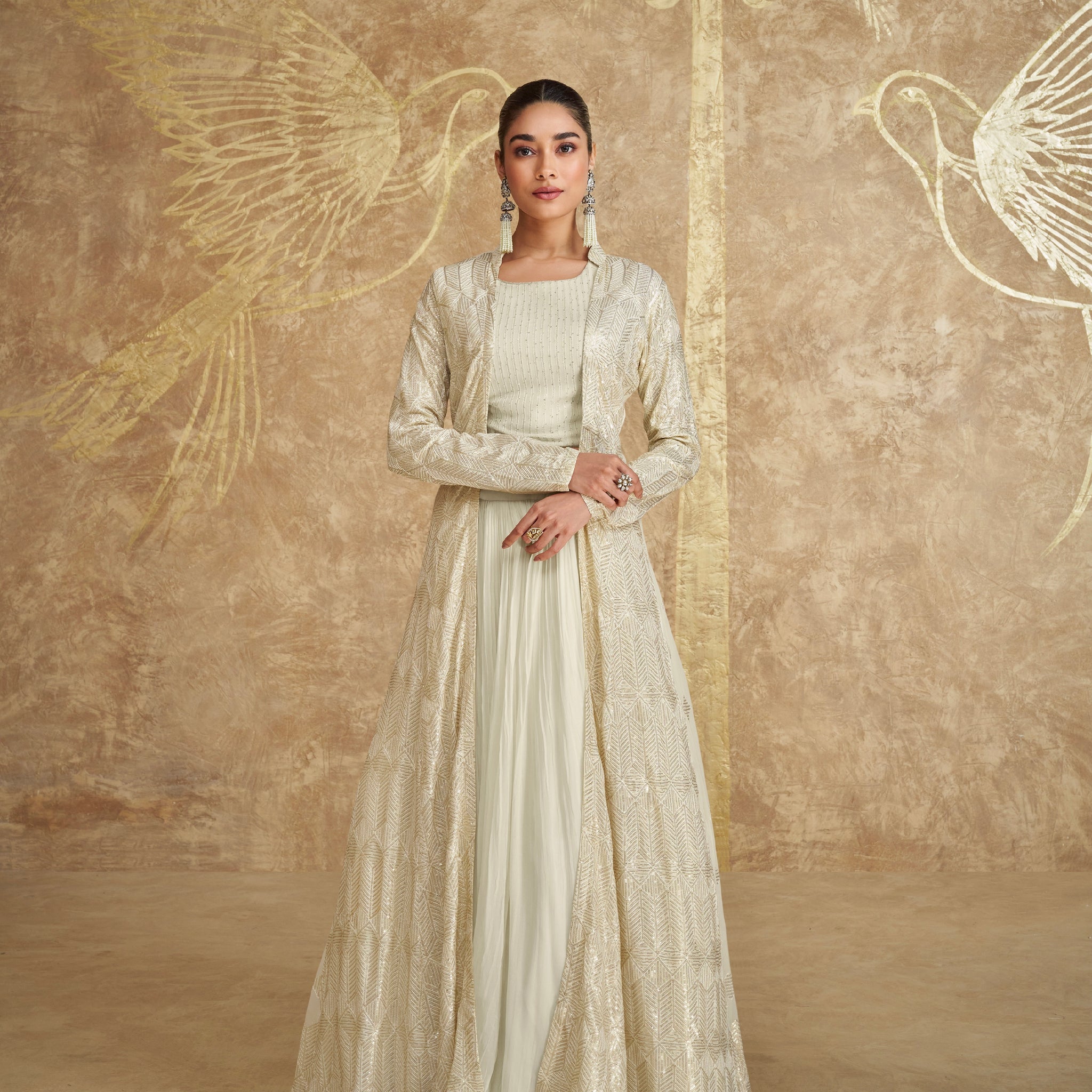 Ivory White Georgette Anarkali with Golden Embroidered Jacket