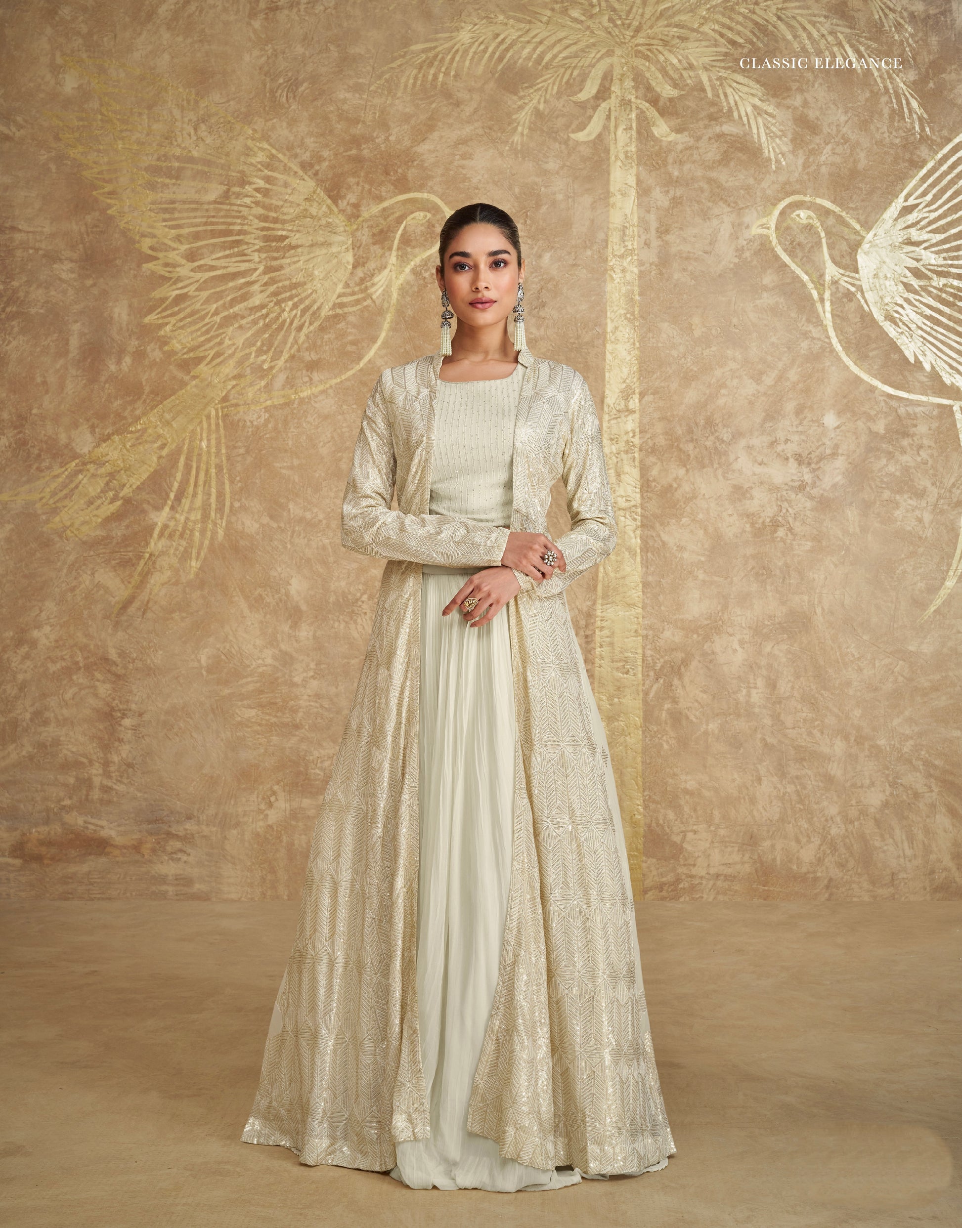 Ivory White Georgette Anarkali with Golden Embroidered Jacket