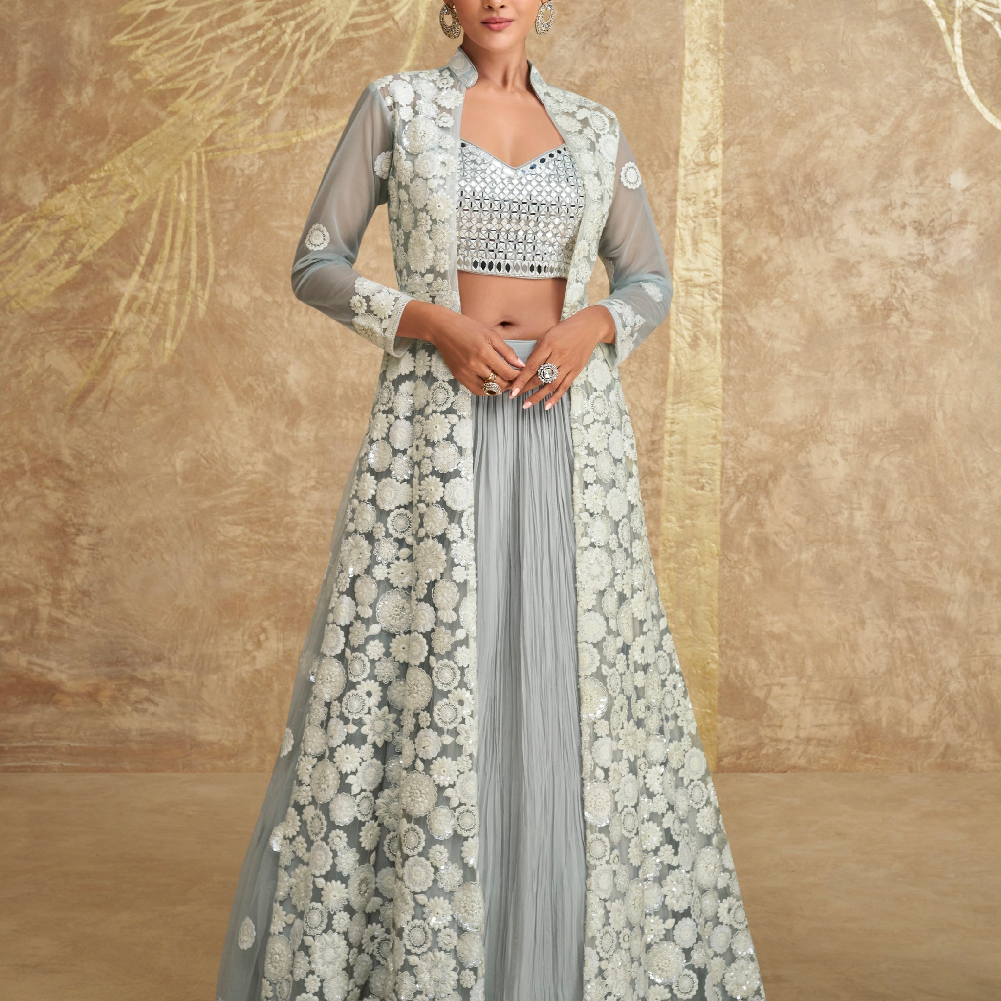 Ice Blue and Silver Georgette Anarkali with Mirror and Thread Work