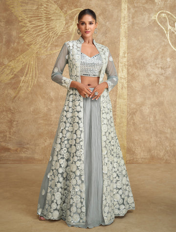 Ice Blue and Silver Georgette Anarkali with Mirror and Thread Work