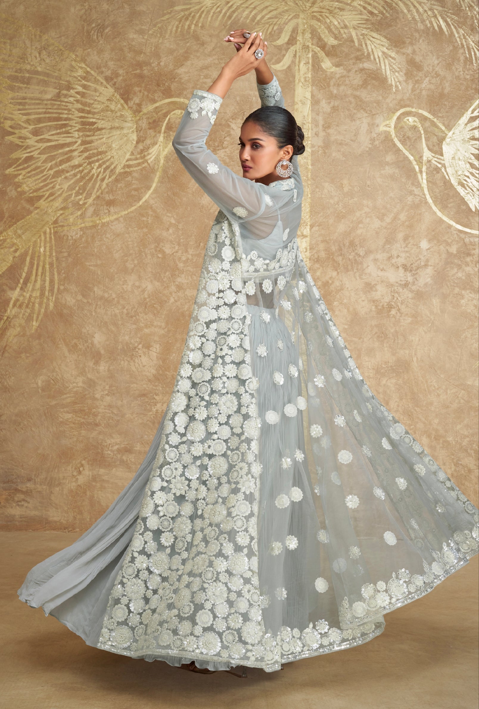 Ice Blue and Silver Georgette Anarkali with Mirror and Thread Work