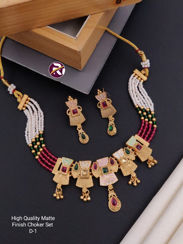 Brass High Gold Antique Mett Moti Choker Set with Beautiful Earrings