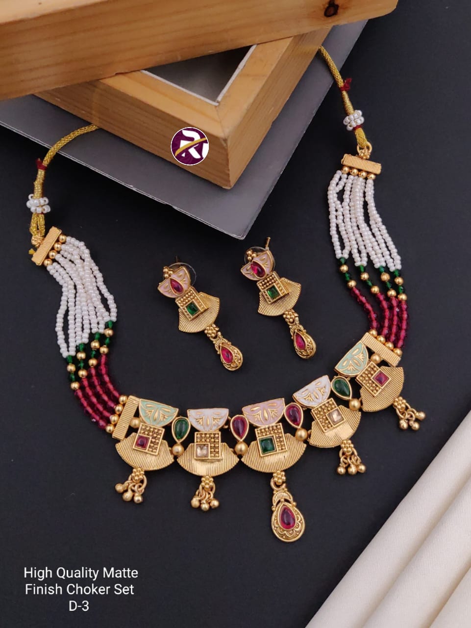 Brass High Gold Antique Mett Moti Choker Set with Beautiful Earrings