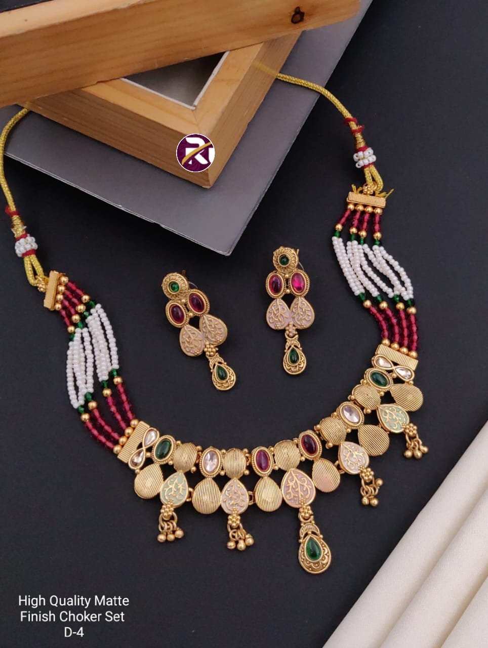 Brass High Gold Antique Mett Moti Choker Set with Beautiful Earrings