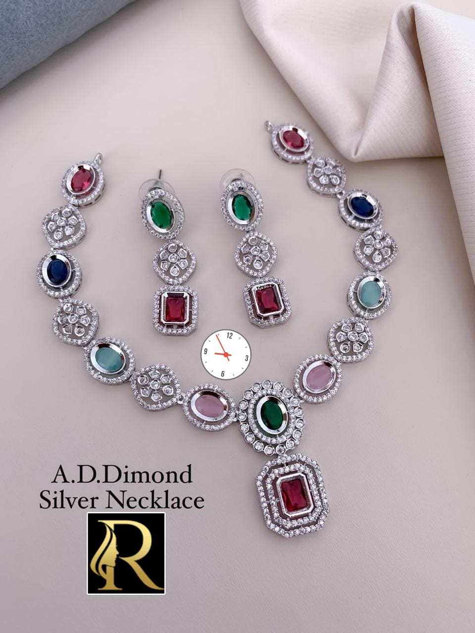 American Diamond And Stone Beautiful Necklace with Earrings