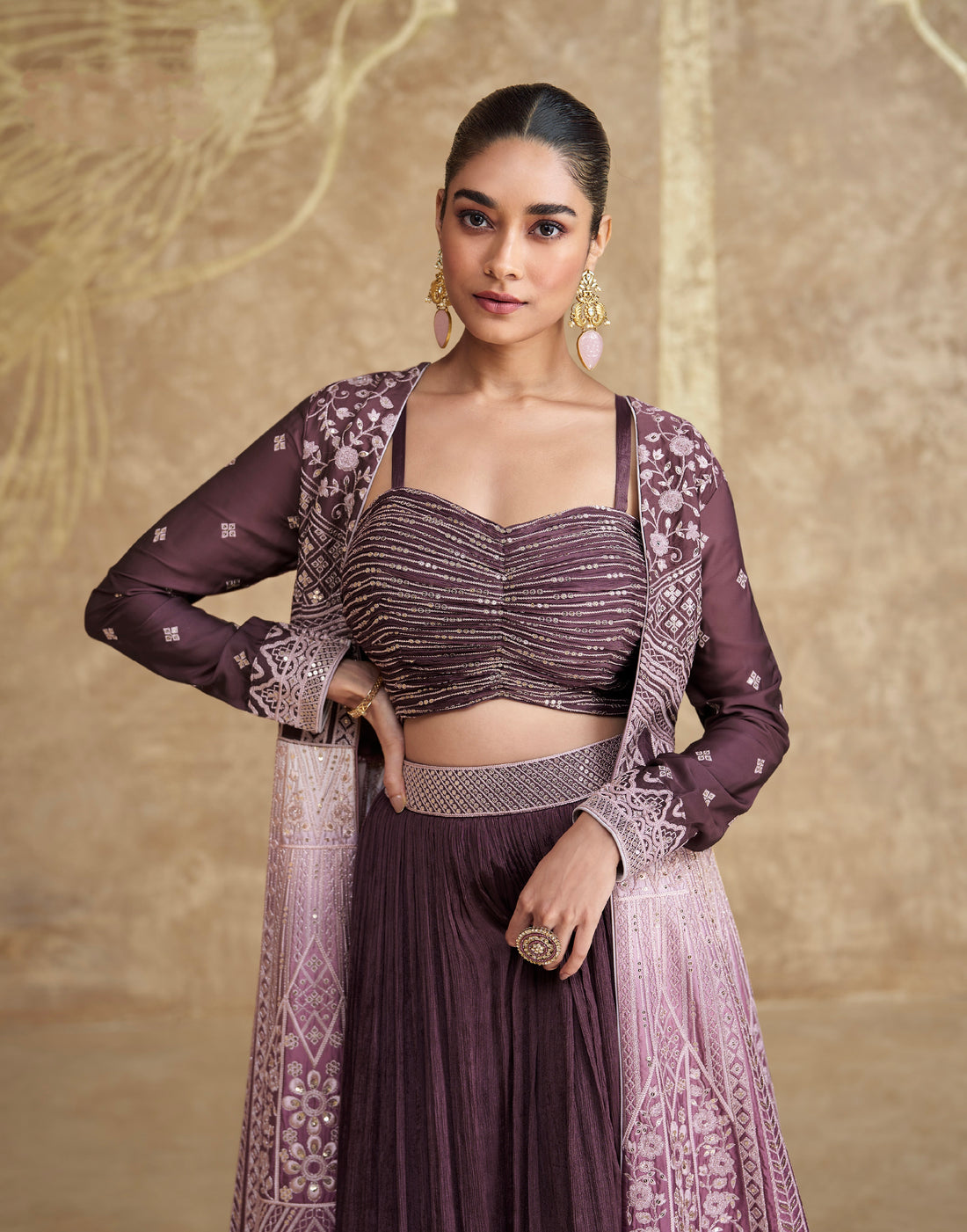 Wine Anarkali Suit with Embroidered Palazzo Pants in Premium Chinon Silk